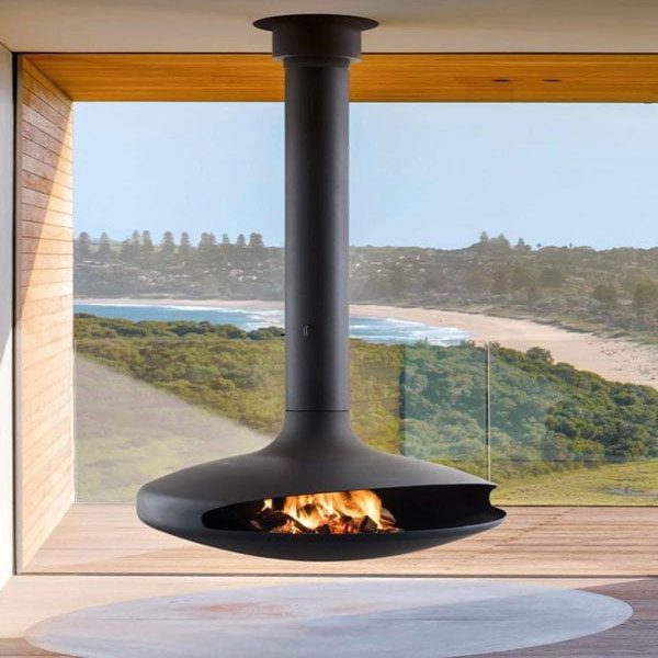 Suspended lens fireplace
