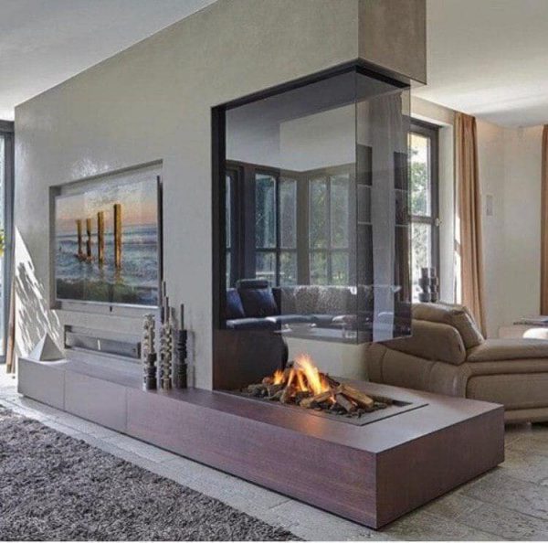 Three-sided wood-burning fireplace